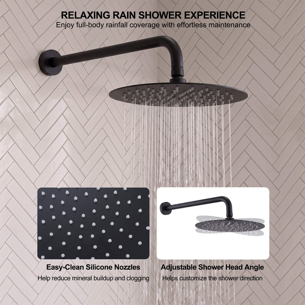 Large circular shower head with flexible silicone jets and an adjustable swivel for comfortable full-body coverage