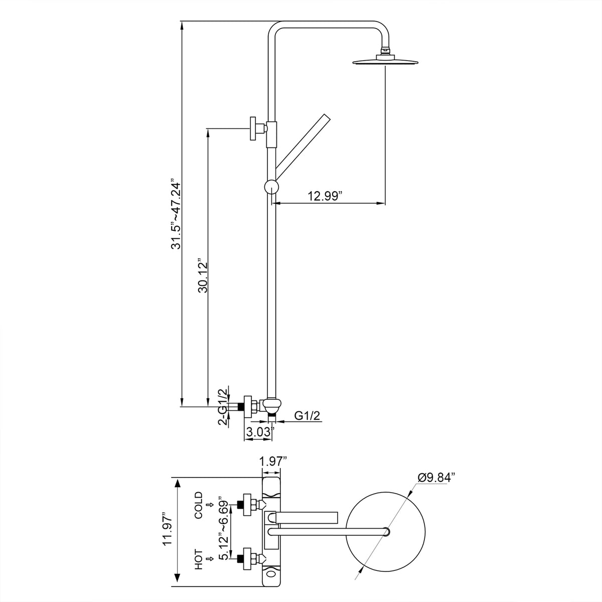 2-Function Exposed Thermostatic Shower System