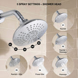 Large chrome shower head offering rainfall, massage, power mist and two combination water patterns