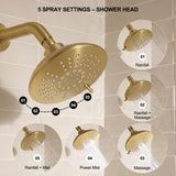 Large round shower head offering rainfall, massage, power mist and two combination spray patterns