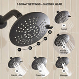 Large matte black shower head offering rainfall, massage, power mist and combination spray patterns