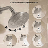 Large round shower head offering rainfall, massage, power mist and combined spray patterns through five selectable settings
