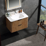 Floating bathroom vanity with two open storage drawers and fluted wood fronts