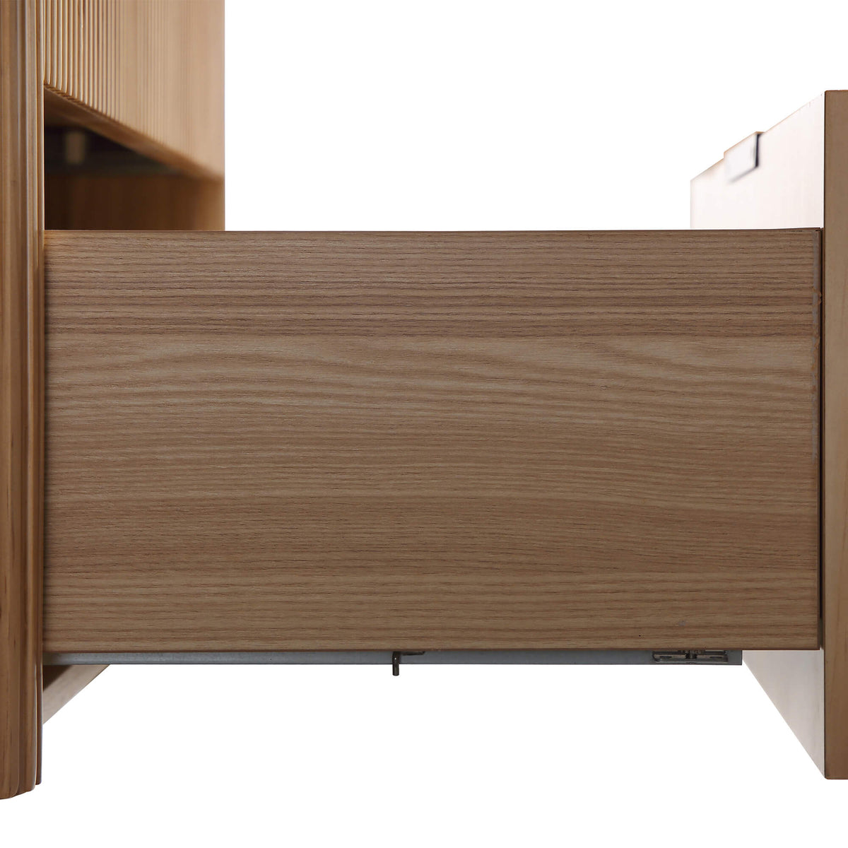 Soft-close drawer hardware inside floating bathroom vanity