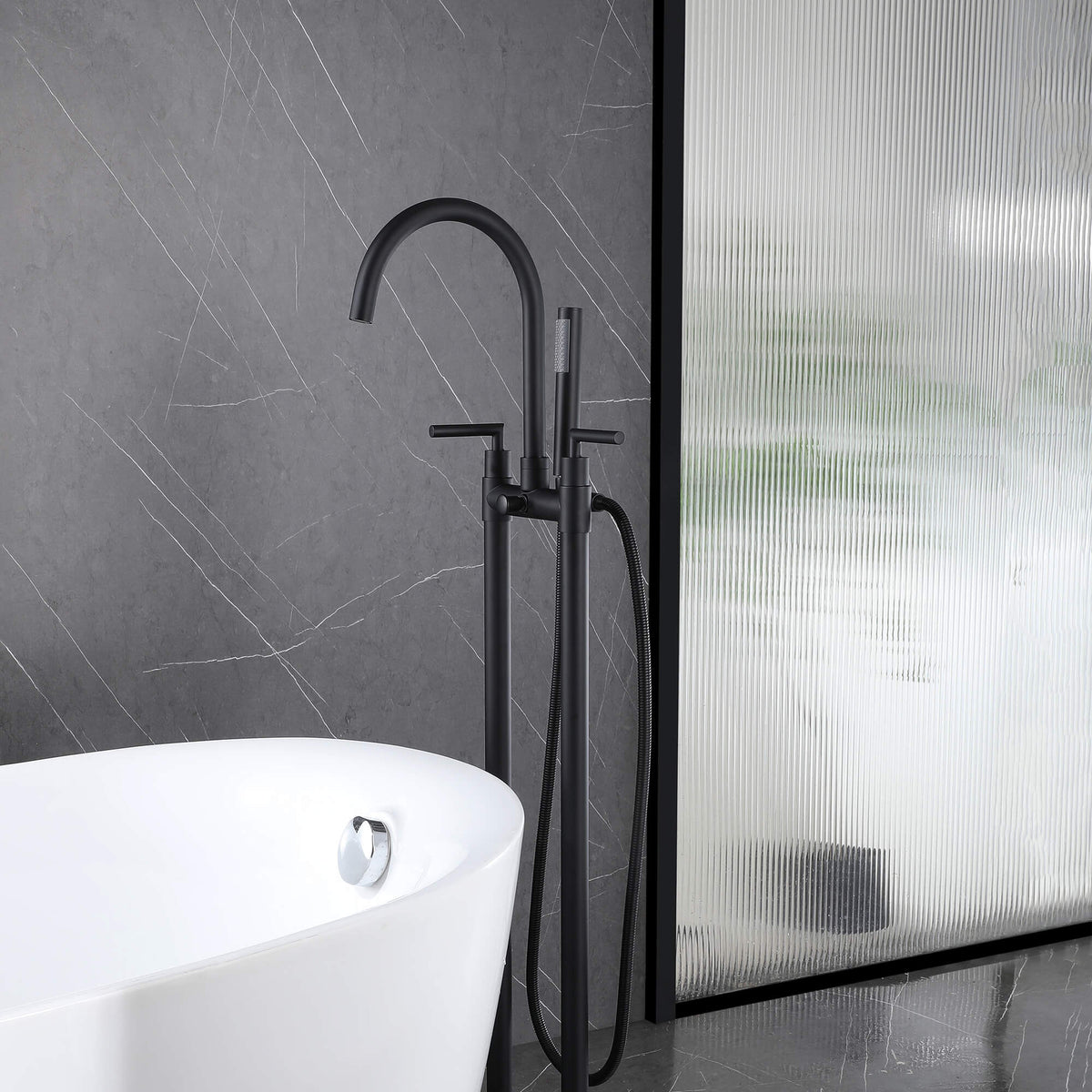 Twin-Column Freestanding Tub Filler with Dual Handles & Hand Shower