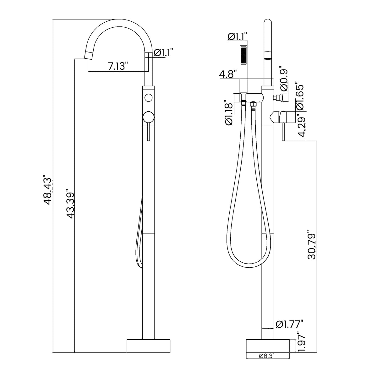 Floor mount tub filler dimensions and measurements with handheld shower