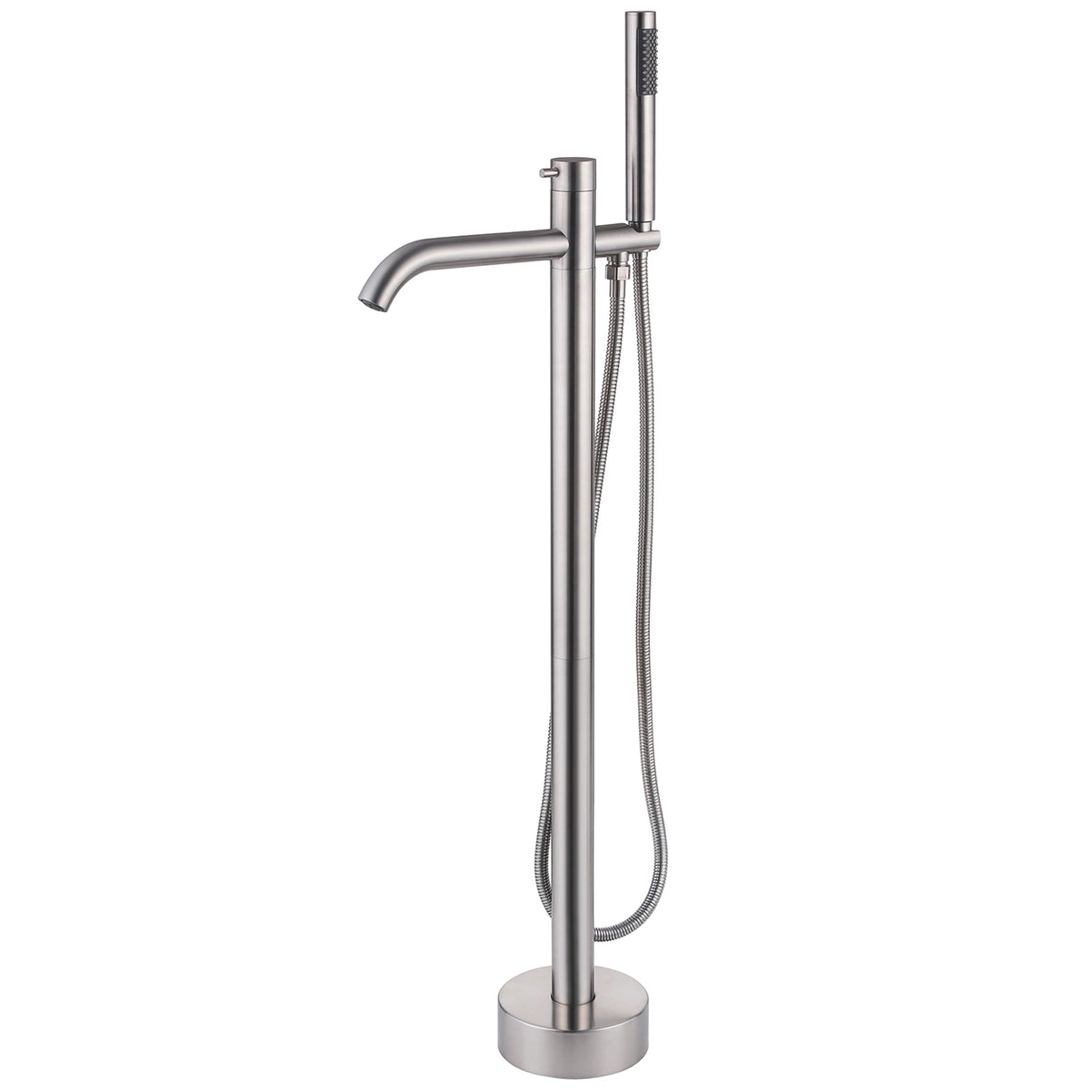 Brushed nickel floor-mounted bathtub faucet with curved spout and handheld shower