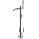 Brushed nickel floor-mounted bathtub faucet with curved spout and handheld shower