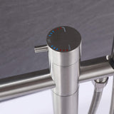 Brushed nickel freestanding bathtub faucet control with hot, cold, and function markings