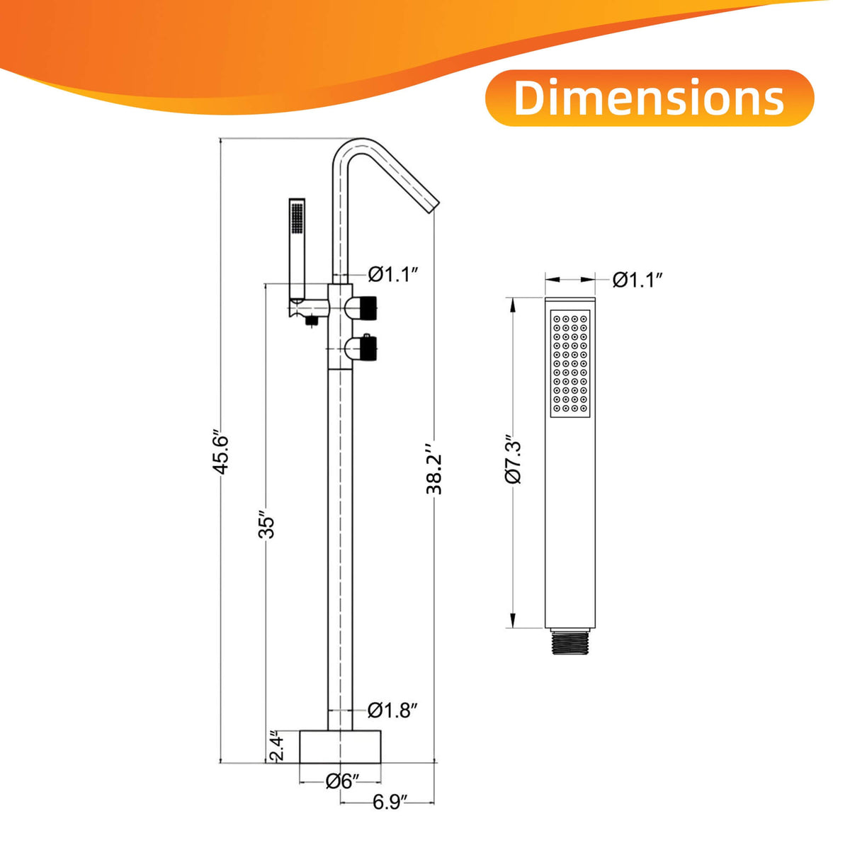 Dimension drawing of a floor mounted freestanding tub faucet with handheld shower
