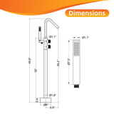 Dimension drawing of a floor mounted freestanding tub faucet with handheld shower