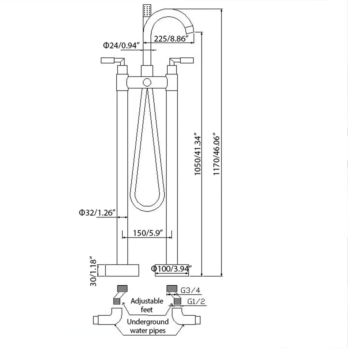 Twin-Column Freestanding Tub Filler with Dual Handles & Hand Shower