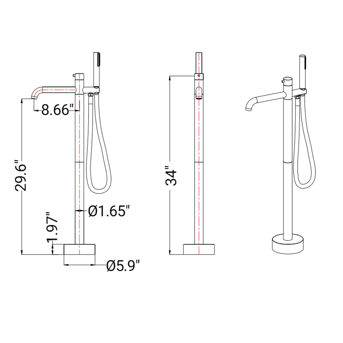 Freestanding tub filler dimensions with 34-inch height, 8.66-inch spout reach, and 5.9-inch floor base