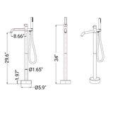 Freestanding tub filler dimensions with 34-inch height, 8.66-inch spout reach, and 5.9-inch floor base
