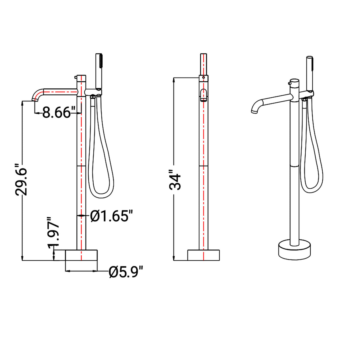 Dimensions of freestanding tub filler with 34-inch height, 8.66-inch spout reach, and 5.9-inch base