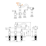 Gold kitchen bridge faucet dimensions with 360 degree swivel spout and side spray
