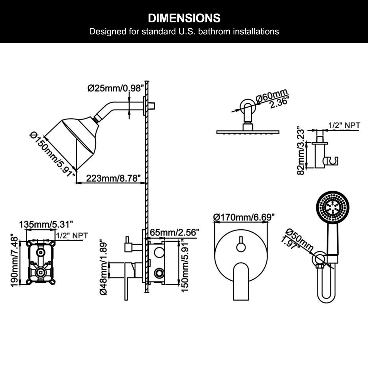 Technical measurements for the 5.91-inch shower head, 6.69-inch control plate, shower arm and handheld outlet