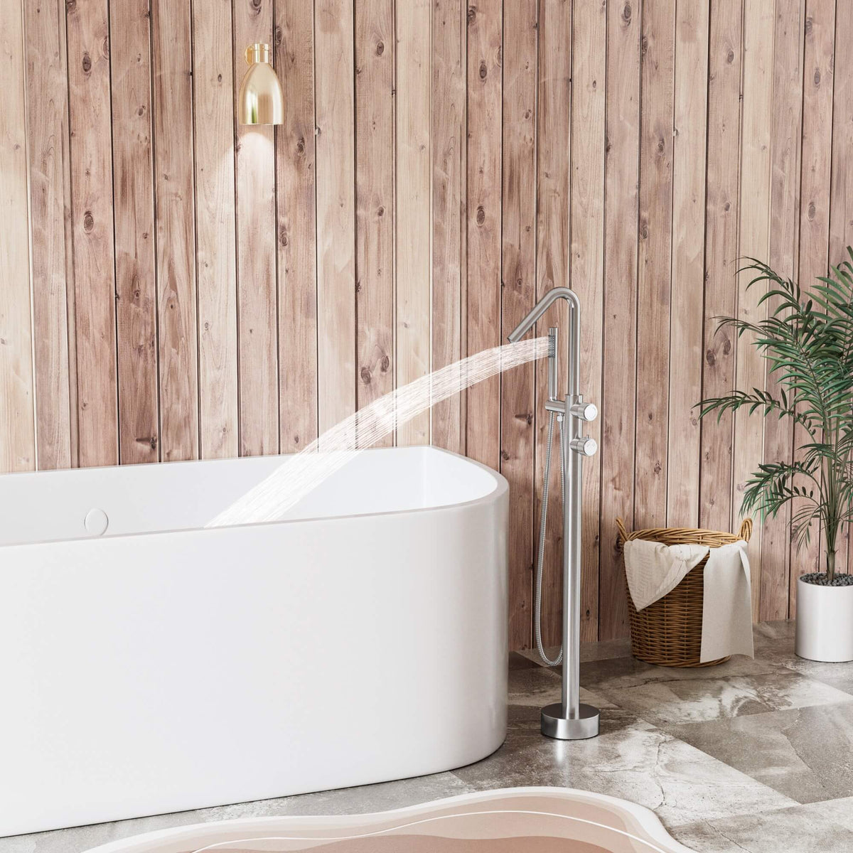 Handheld shower spray on an outdoor freestanding tub faucet beside a bathtub