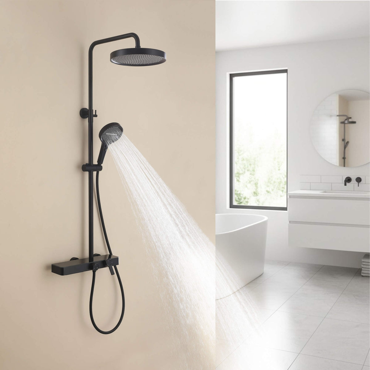 Exposed 3-Function Rain Shower Column with Shelf & Waterfall Tub Filler