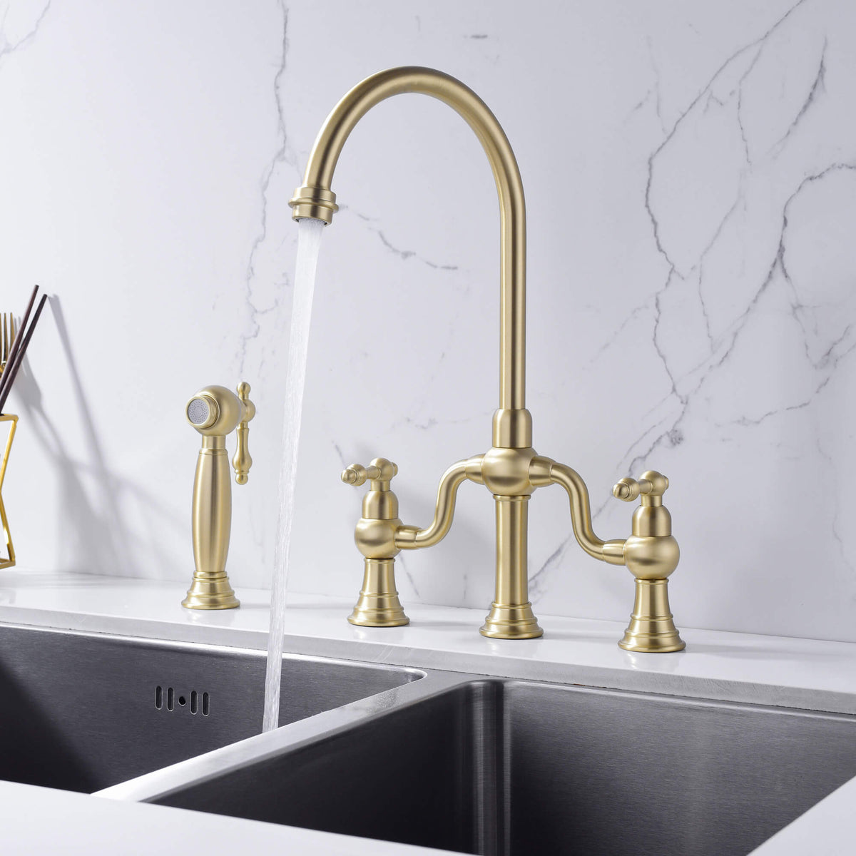 8-Inch Bridge Kitchen Faucet with Side Sprayer 360° Swivel Spout