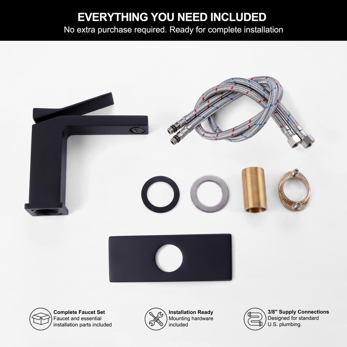 Complete matte black bathroom faucet accessories kit with supply lines and mounting components