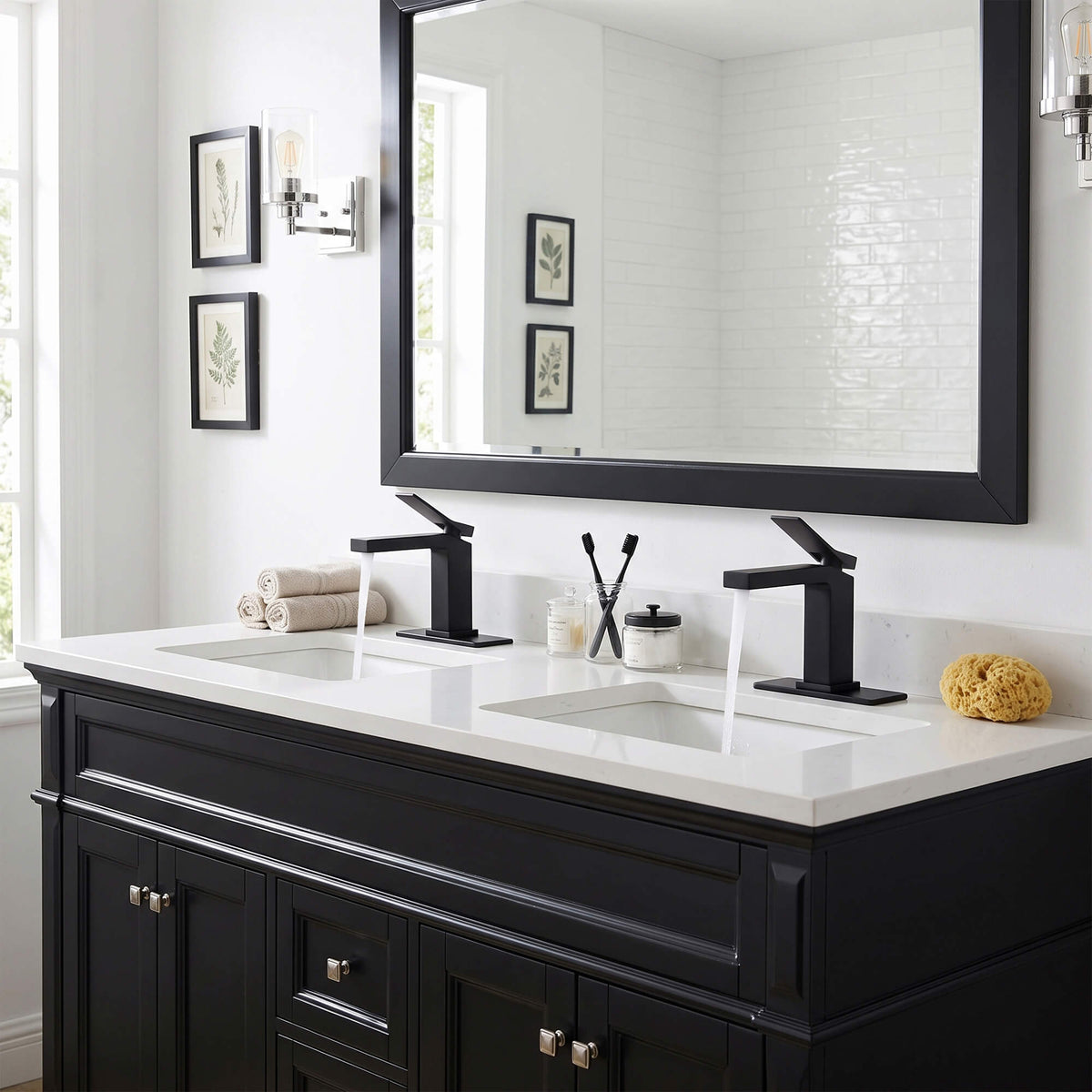 Modern black bathroom faucet set installed on a double sink vanity with elegant contemporary style