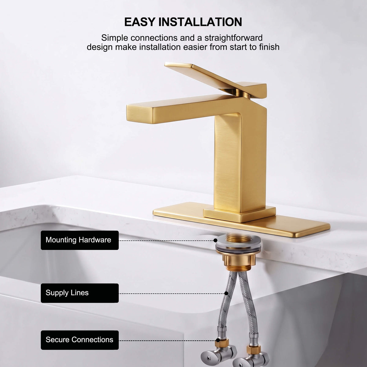JK0018 brushed gold bathroom faucet installation parts including mounting hardware and supply lines