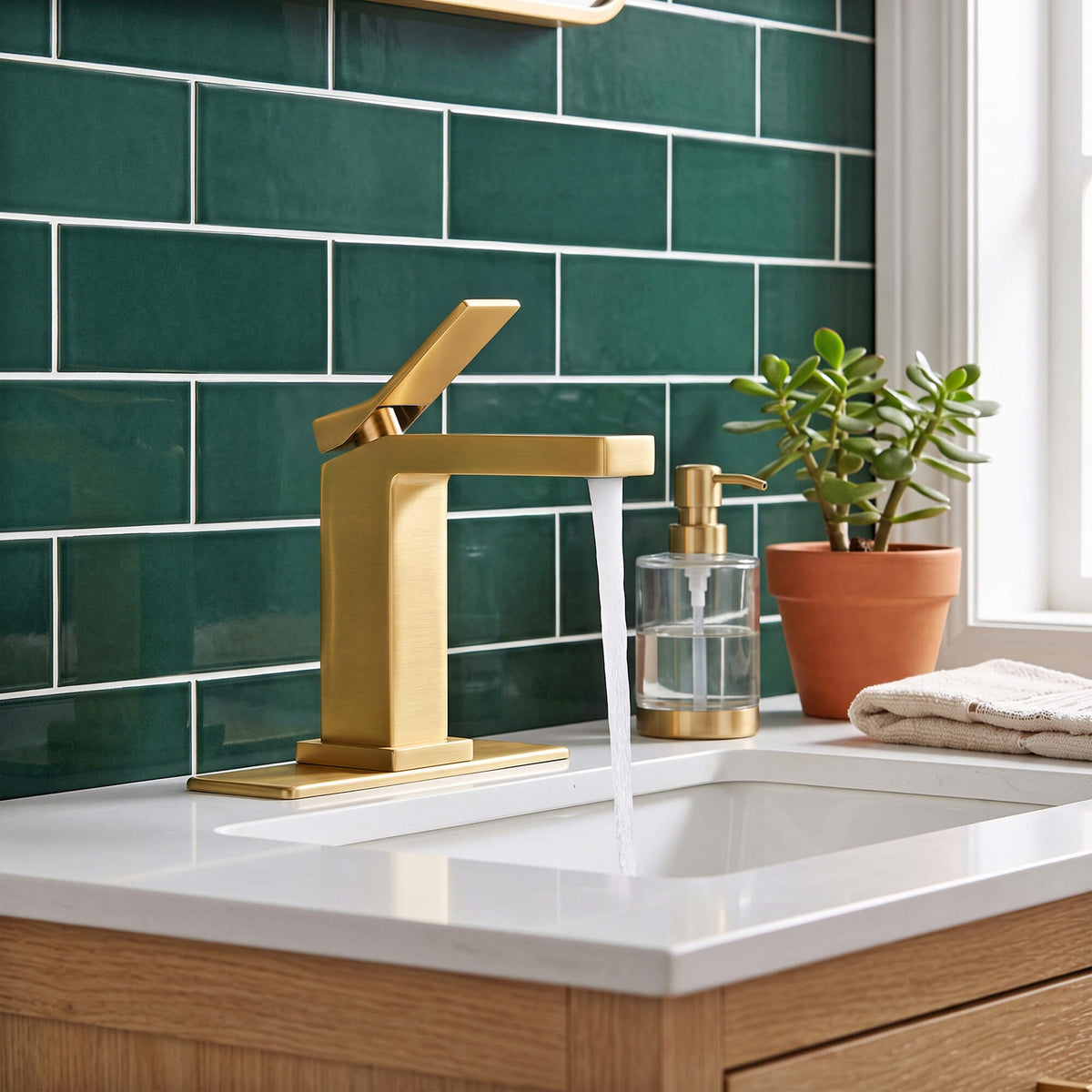 JK0018 brushed gold bathroom sink faucet with steady water stream in modern vanity setup