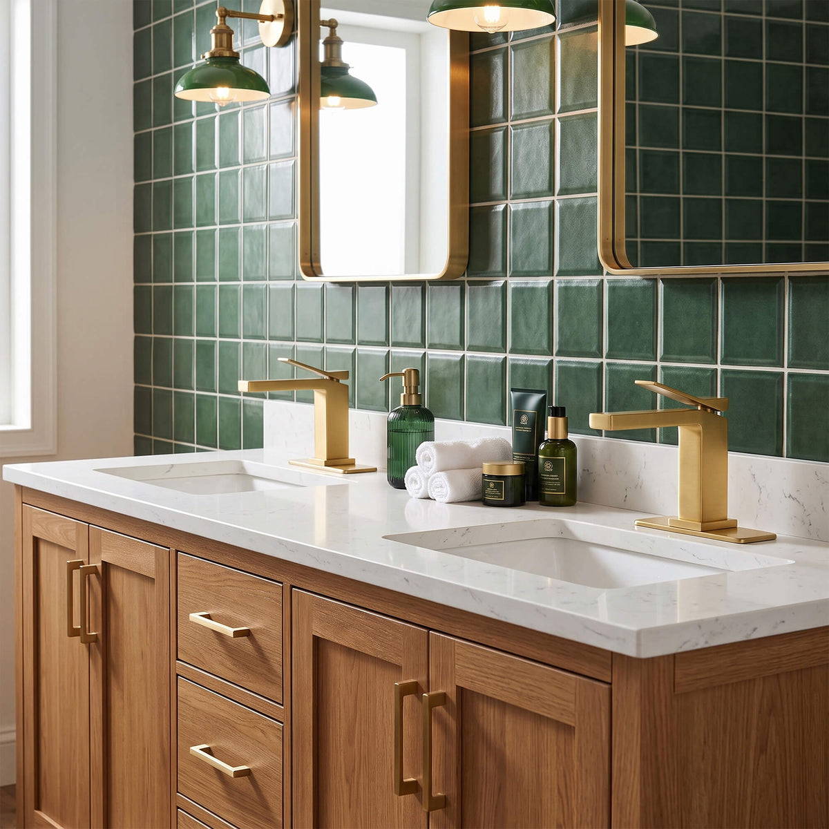 Brushed gold bathroom faucets installed on a double sink vanity for modern bathroom interiors