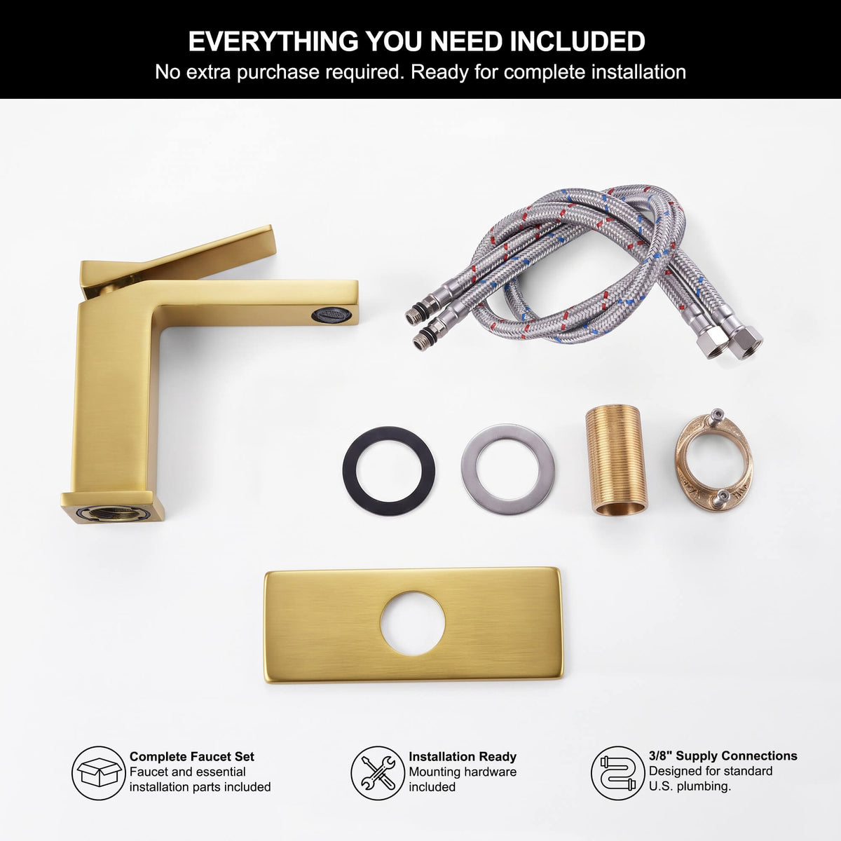 Complete JK0018 brushed gold sink faucet accessories kit with installation components included