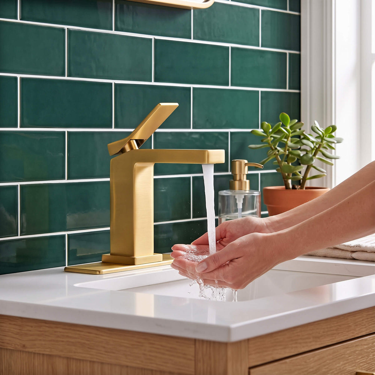 Modern brushed gold bathroom faucet installed on vanity sink with smooth water flow performance