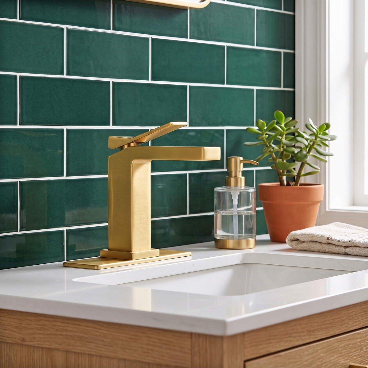 Modern brushed gold vanity faucet featured in an elegant contemporary bathroom design