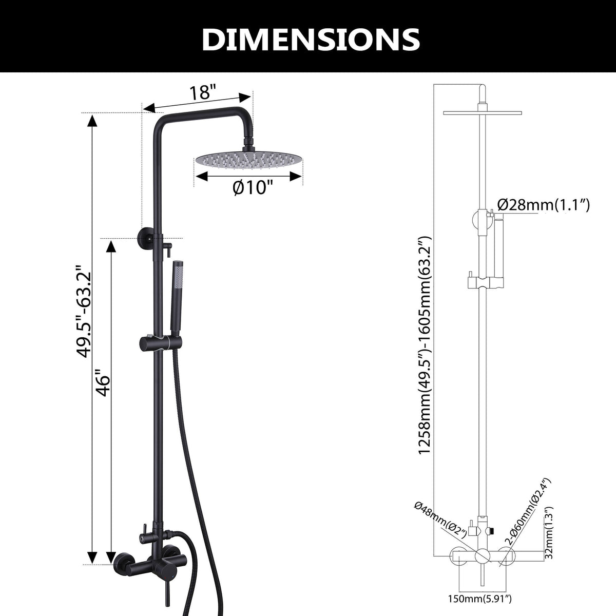 Outdoor Shower Fixture with 304 Stainless Steel 10-Inch Rainfall Shower Head and Adjustable Slide Bar