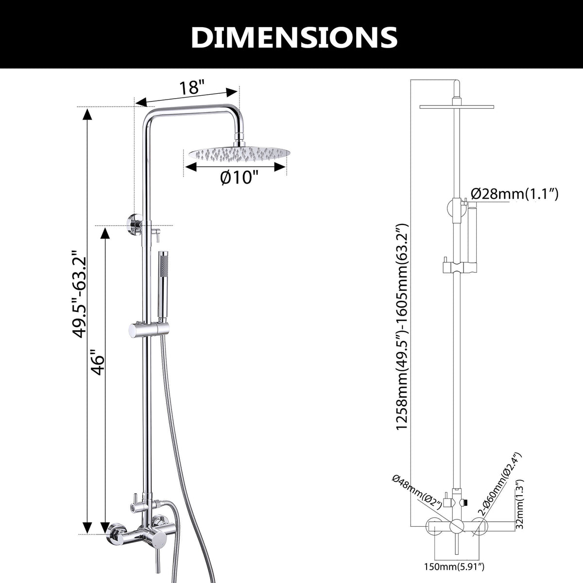 Outdoor Shower Fixture with 304 Stainless Steel 10-Inch Rainfall Shower Head and Adjustable Slide Bar