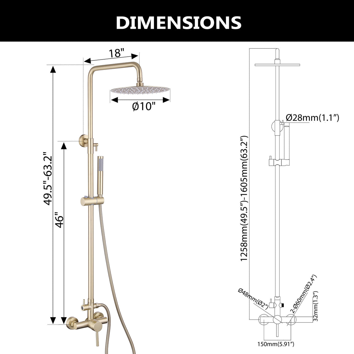 Outdoor Shower Fixture with 304 Stainless Steel 10-Inch Rainfall Shower Head and Adjustable Slide Bar