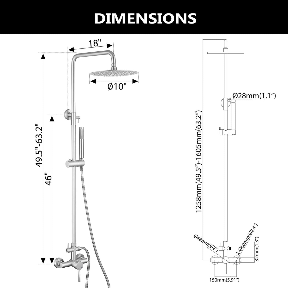 Outdoor Shower Fixture with 304 Stainless Steel 10-Inch Rainfall Shower Head and Adjustable Slide Bar