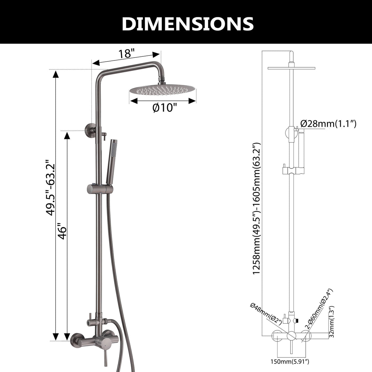 Outdoor Shower Fixture with 304 Stainless Steel 10-Inch Rainfall Shower Head and Adjustable Slide Bar