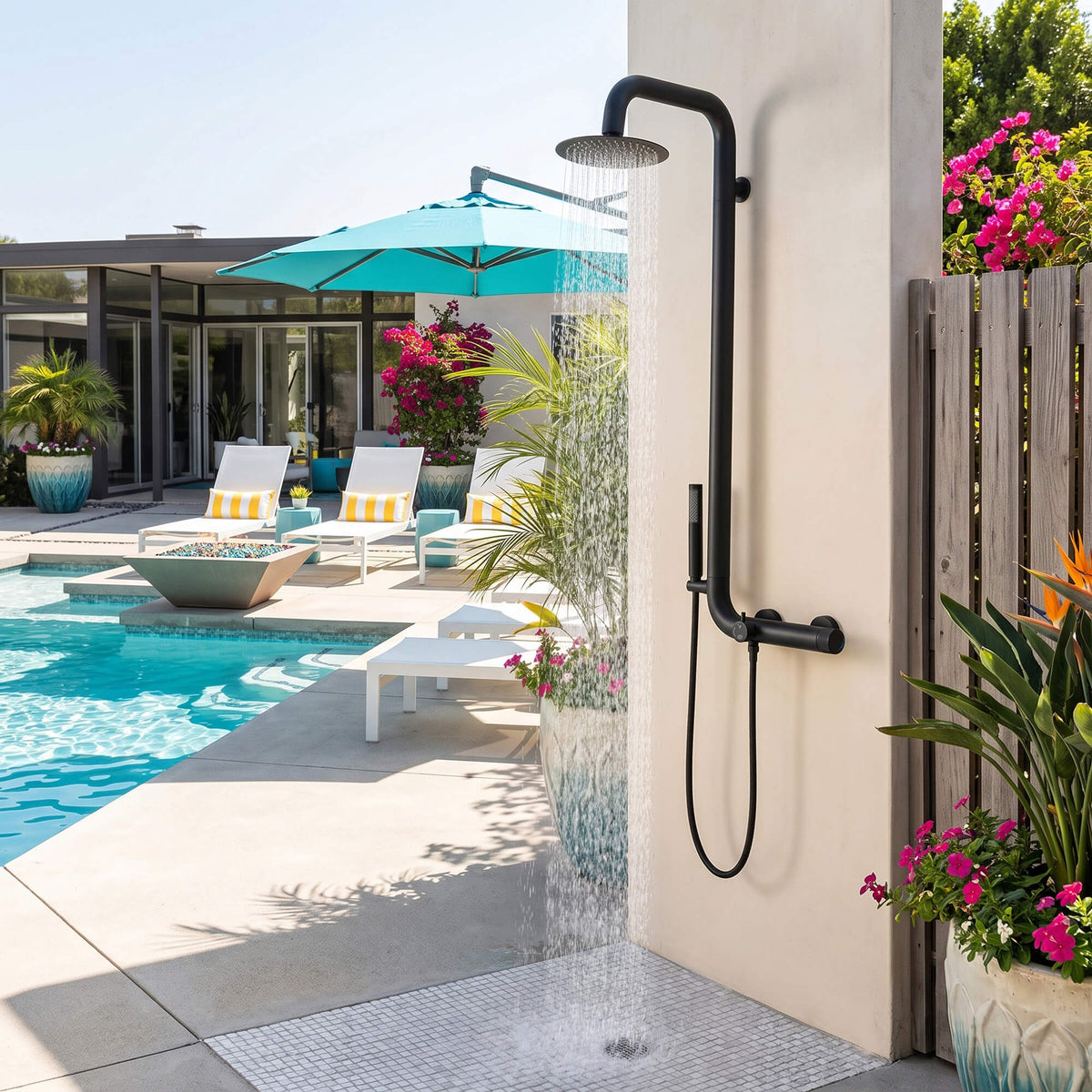 Outdoor rainfall shower system with water flow beside pool