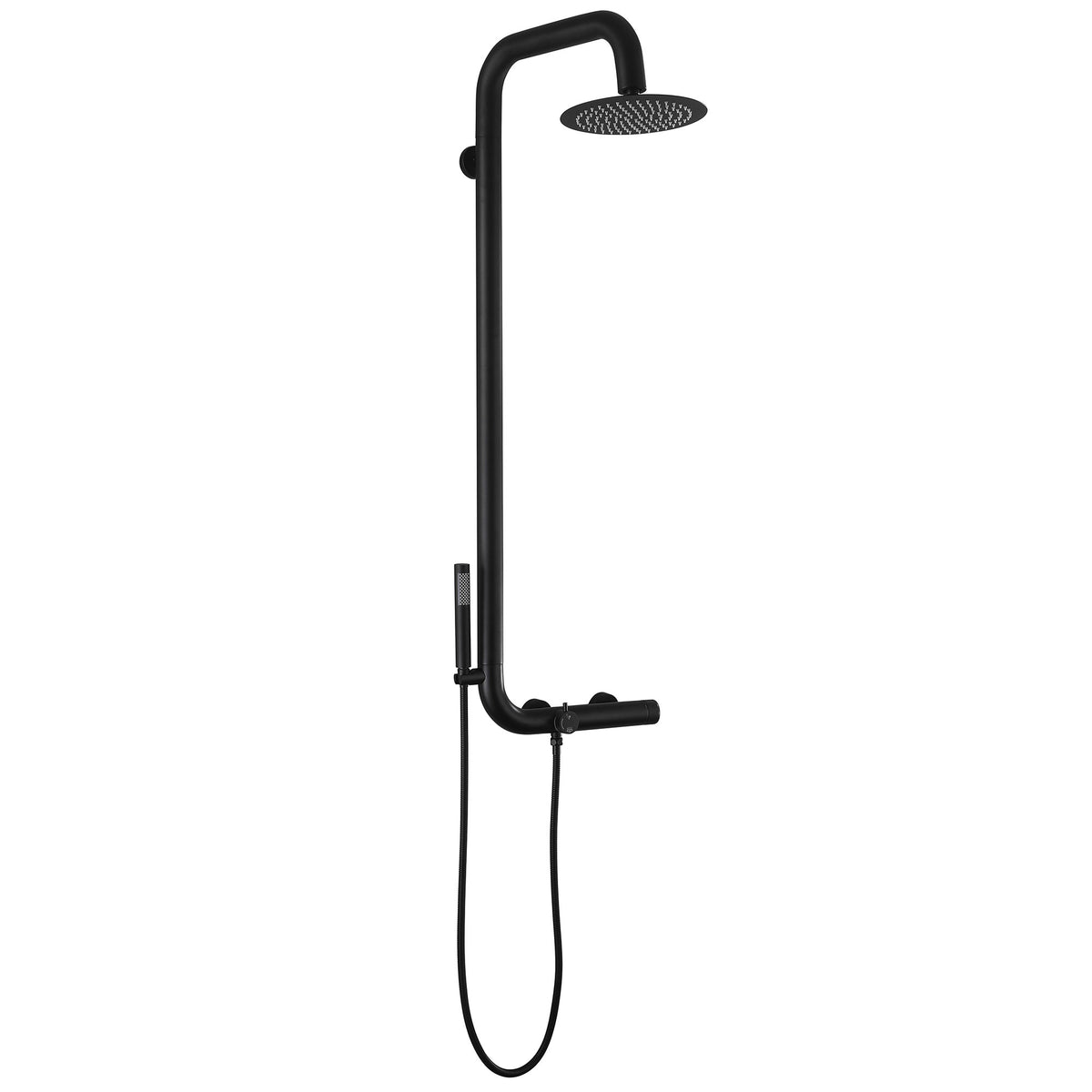Black outdoor shower system complete set displayed on white background