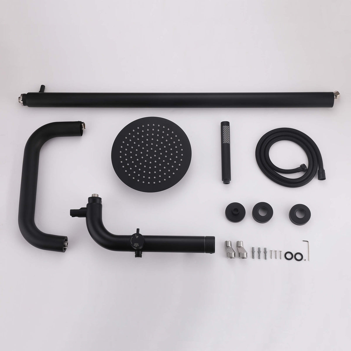 Complete black outdoor shower system set with rainfall shower head and handheld shower