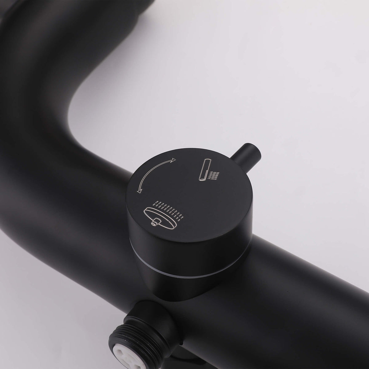 Matte black outdoor shower system with diverter valve for switching between rainfall shower and handheld spray