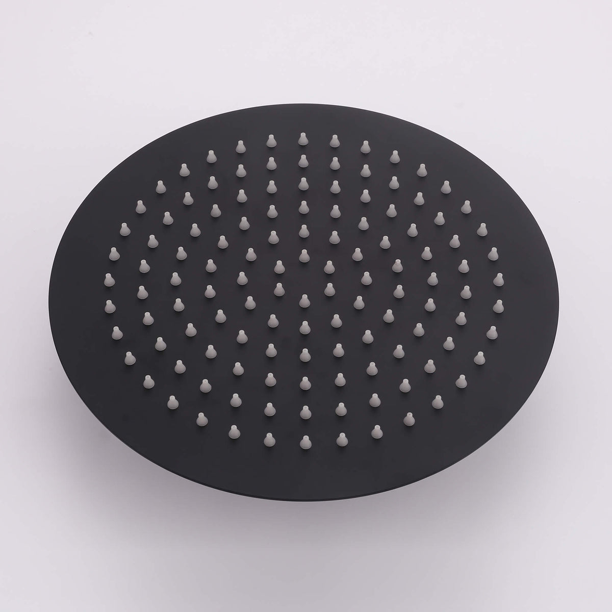 Matte black outdoor shower system with round rainfall shower head