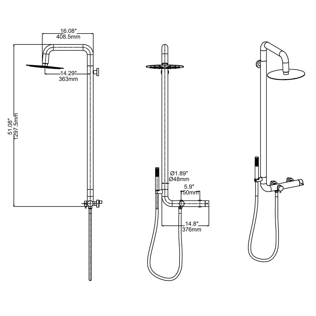 Outdoor shower system dimension drawing and installation specifications