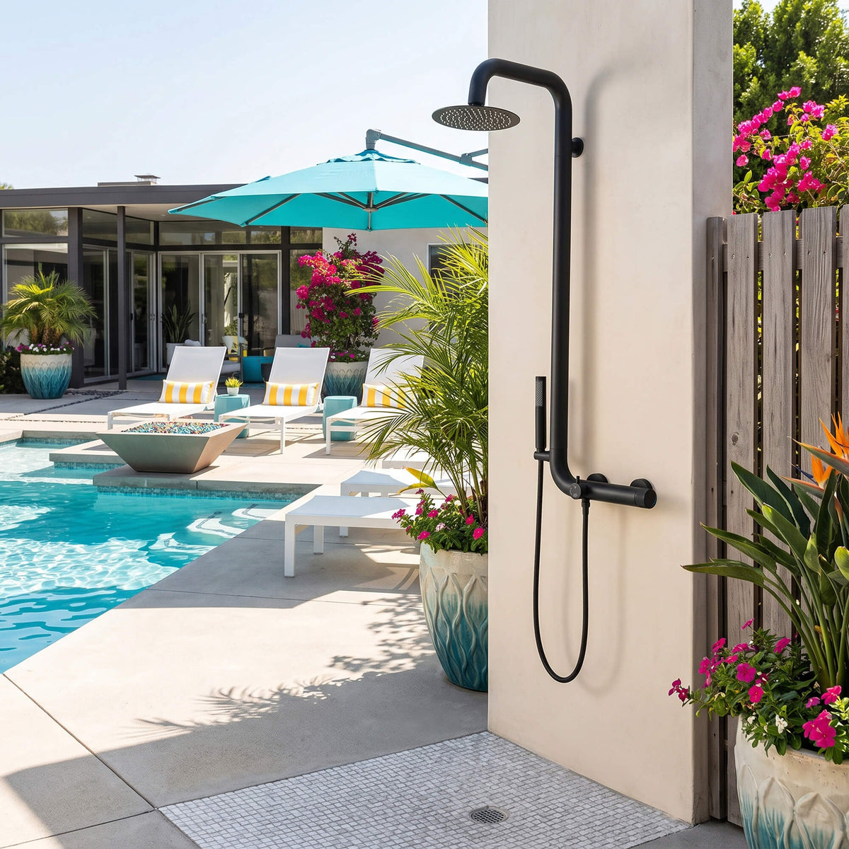 Black outdoor shower system installed beside a swimming pool