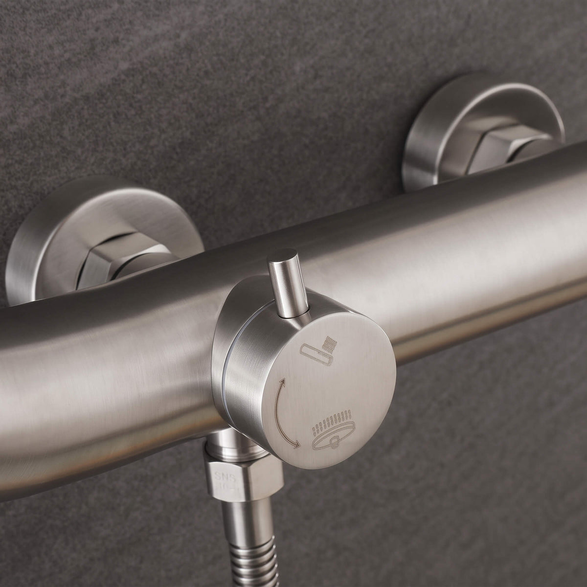 Brushed nickel outdoor shower system with diverter valve for switching between overhead shower and handheld sprayer