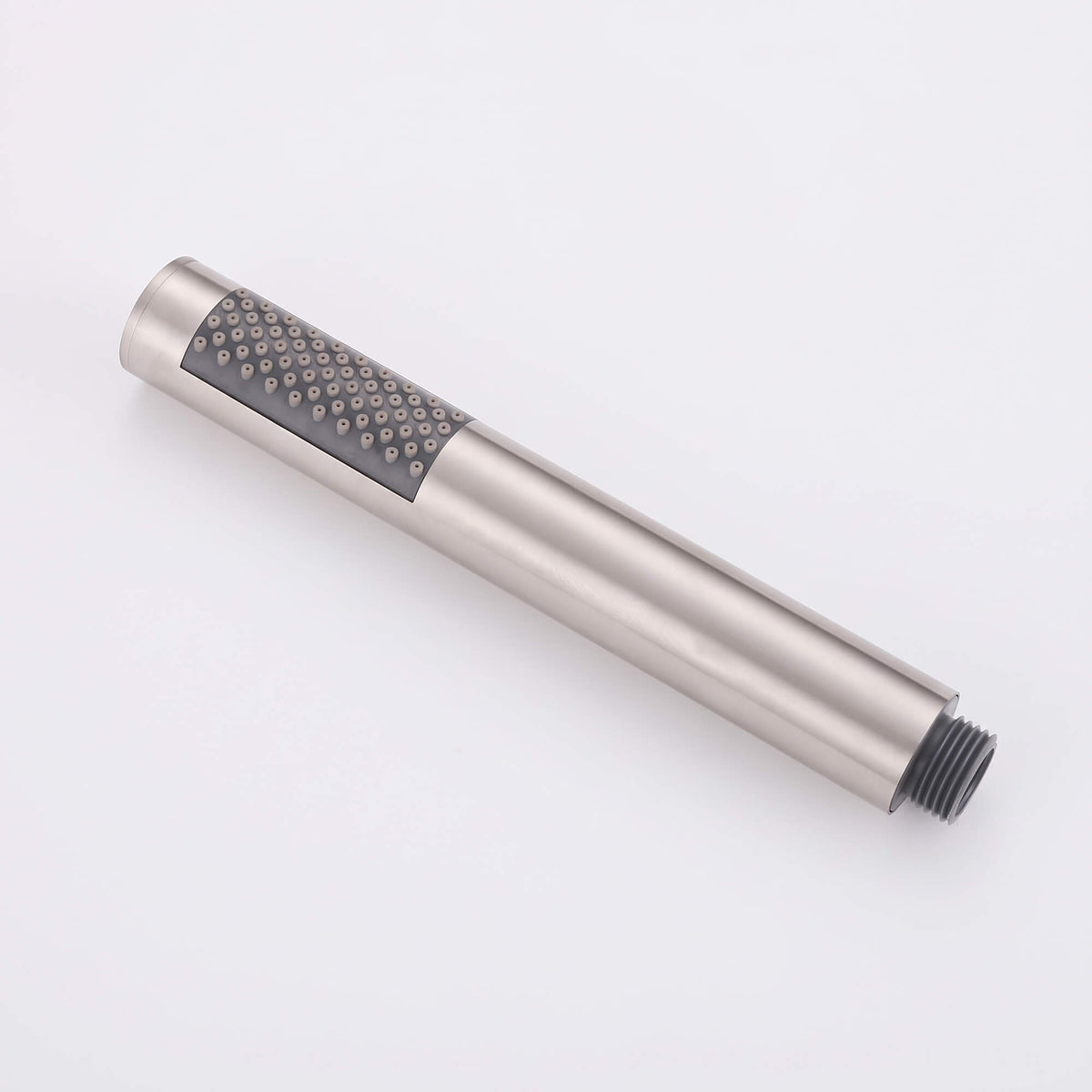 Brushed nickel outdoor shower handheld spray with modern cylindrical design