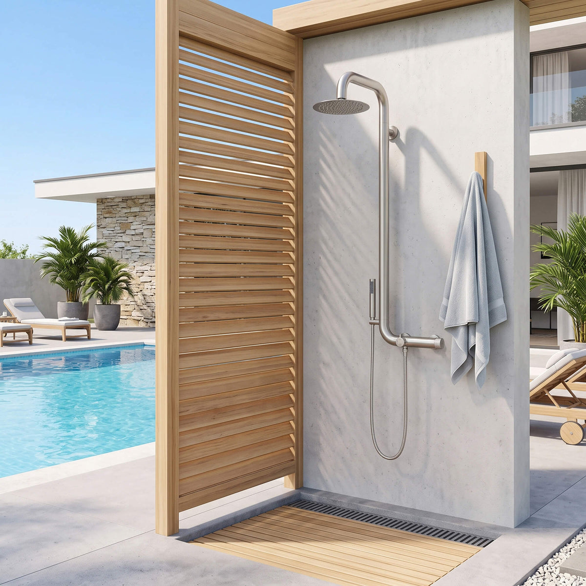 Brushed nickel outdoor shower system installed beside swimming pool