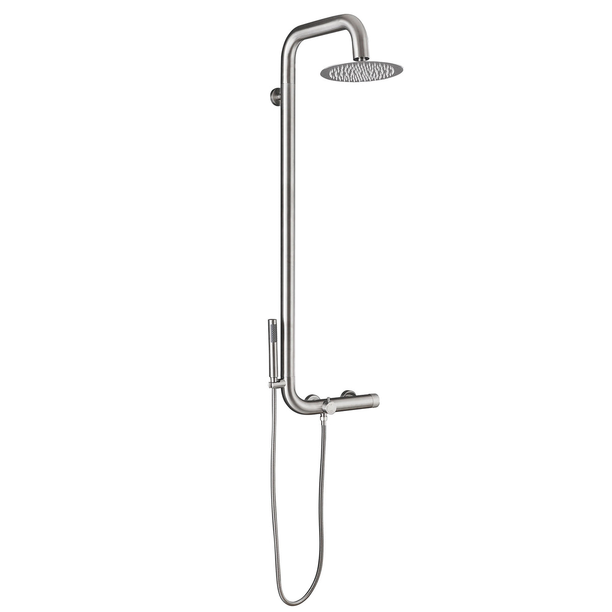 Stainless steel outdoor shower system complete set on white background