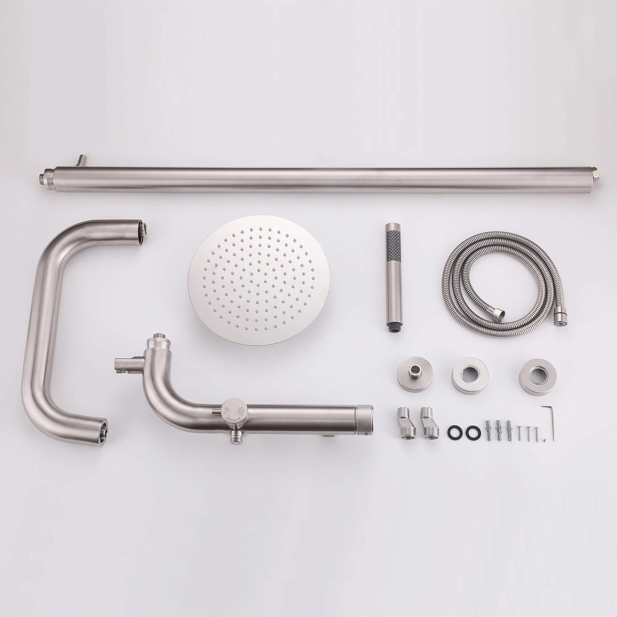 Stainless steel outdoor shower system components with rainfall shower head and handheld spray