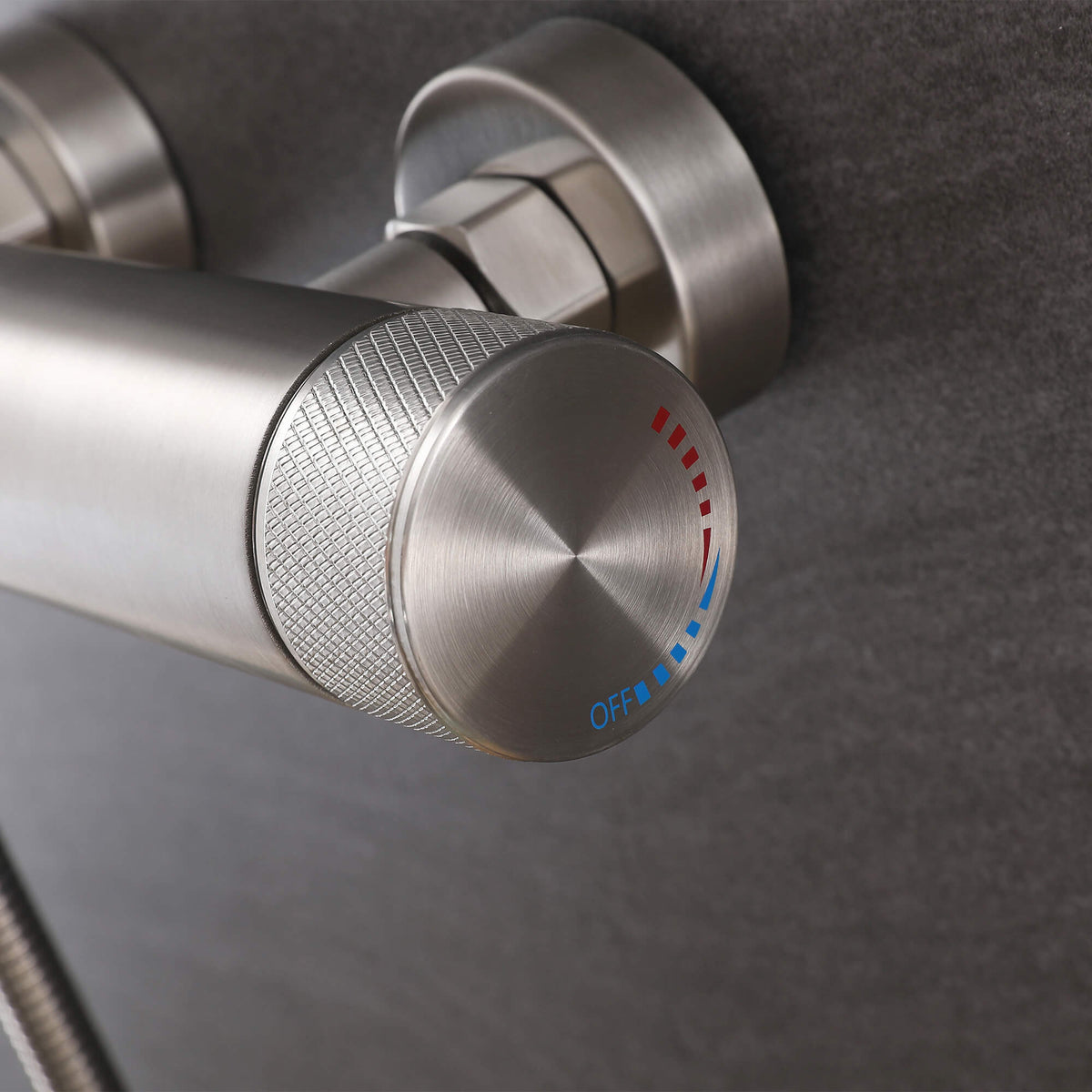 Stainless steel outdoor shower temperature control handle detail
